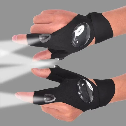 Guantes de medio dedo con linterna LED impermeable – Herramienta de iluminación para exteriores: senderismo, camping, rescate y supervivencia.